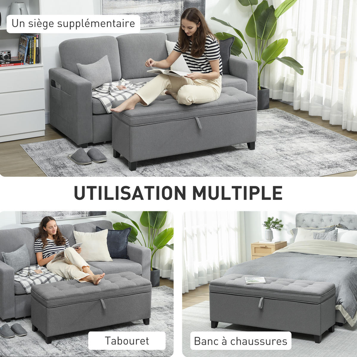 TRUHENBANK DE-16426 mit großem Stauraum (112 L) und Knopfheftung Dunkelgrau - Dunkelgrau, Textil (120/48/40cm) - ComfortXL