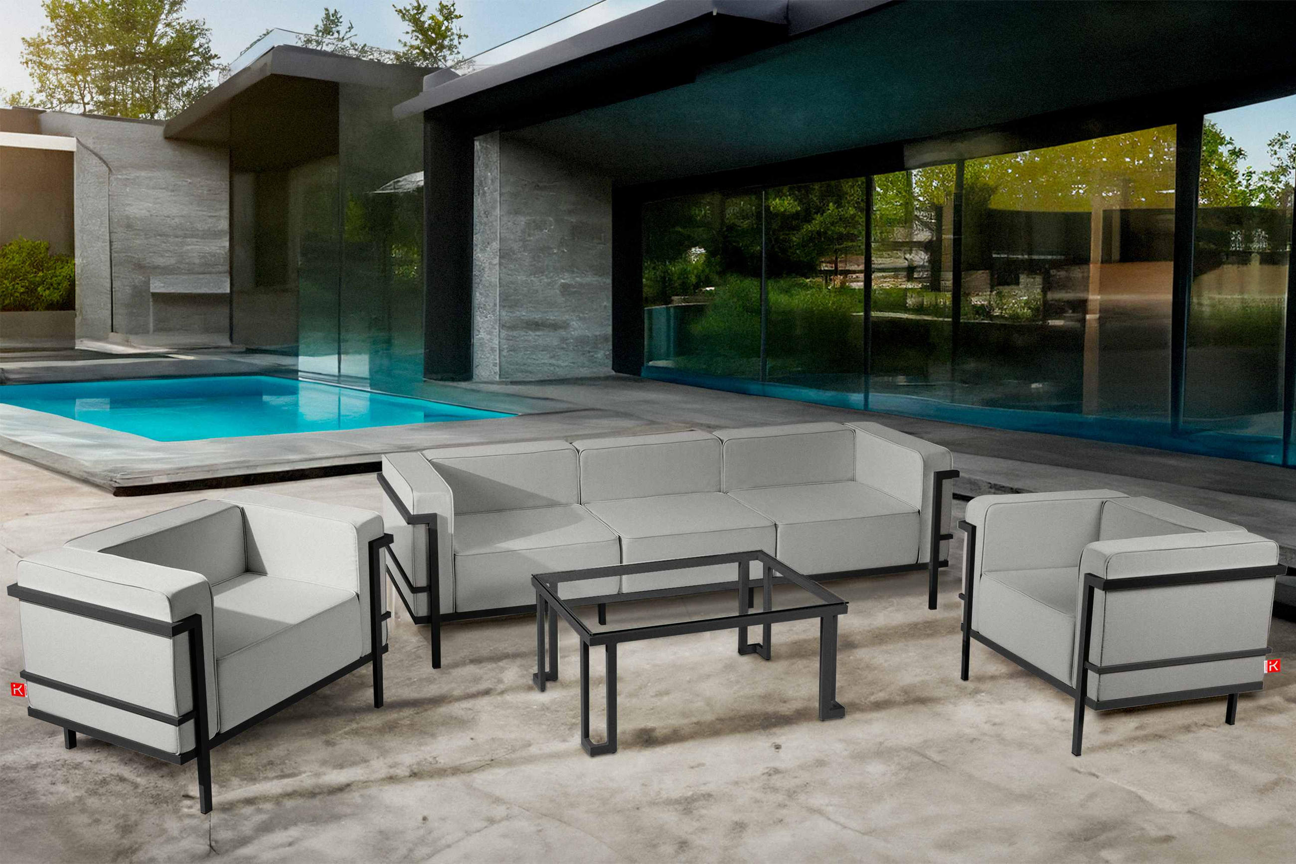 GARTENLOUNGE-SET TRIGLO 1x Tisch, 2x Sessel, 1x Sofa 3-Sitzer, 4-tlg., Modern, Dunkelgrau/Hellgrau - Dunkelgrau/Hellgrau, Textil/Metall - KONSIMO®