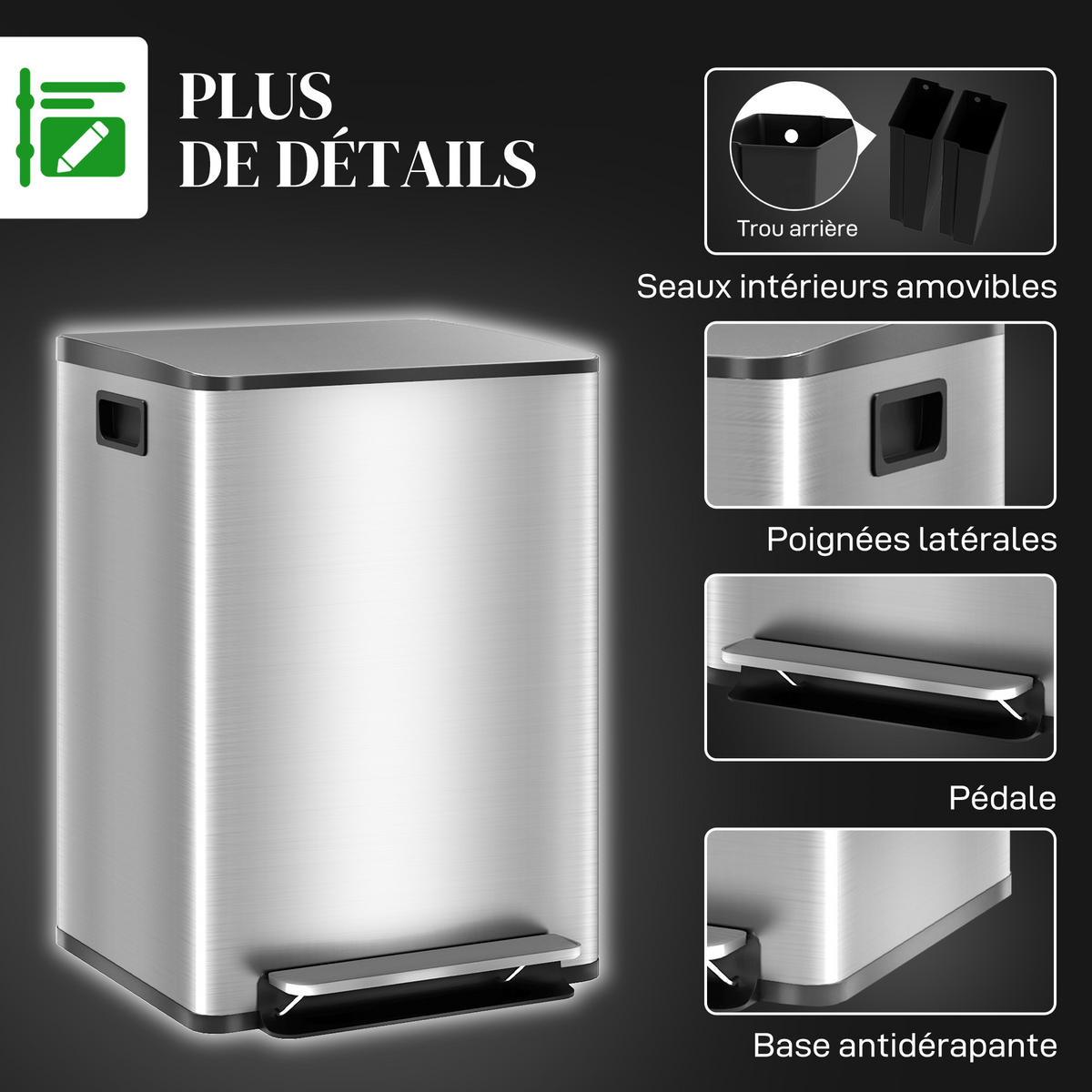 MÜLLTRENNSYSTEM Silber Edelstahl Soft-Close Pedal 2x20L - Silberfarben, Metall (41.8/58/36.7cm) - PANGIVO