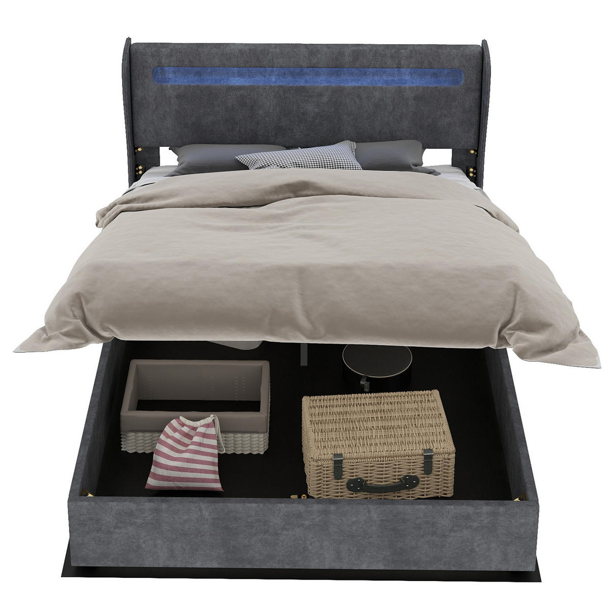 POLSTERBETT 140x200 cm LED Stauraum grau - Grau, Textil (140/200cm) - LEBENLANG