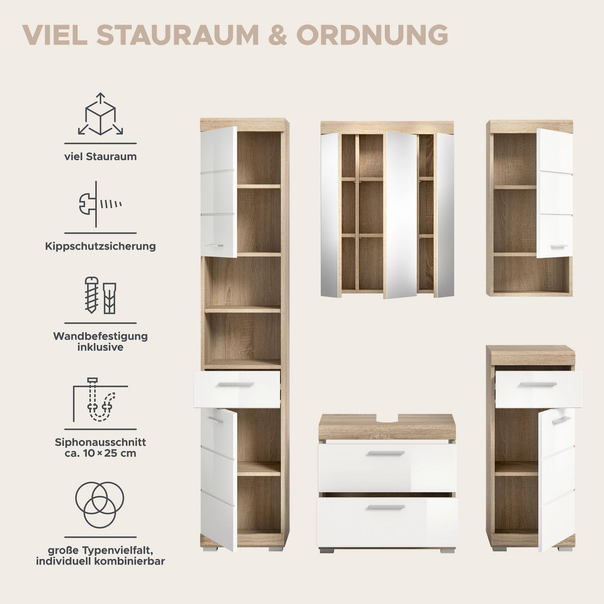 BADKOMBINATION 5tlg. Lambada Bad in Sonoma Eiche hell und weiß hochglanz B/H/T: 164x191x34 cm - Sonoma Eiche, Holz (164/191/37cm)