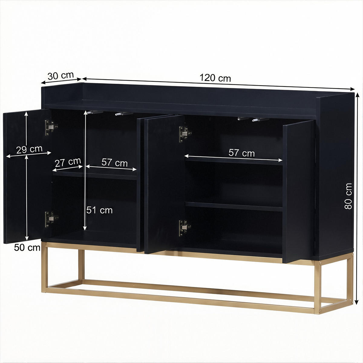SIDEBOARD Push-to-Open mit 4 Türen 120/30/80 cm Schwarz/Gold - Schwarz, Holzwerkstoff (120/80/30cm) - Creahappy