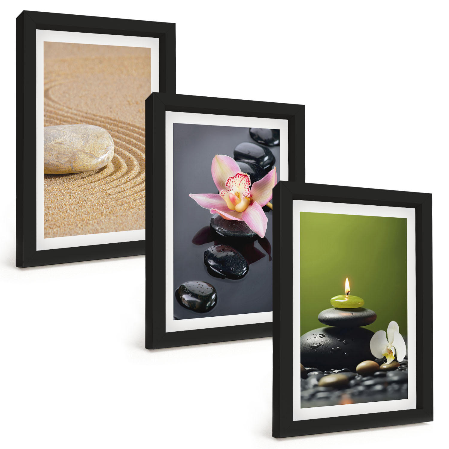 BILDER SET 3er Set - 20x30 cm Schwarzer Rahmen - Entspannende Zen-Steinmotive - Schwarz, Kunststoff (20/30cm) - TULUP