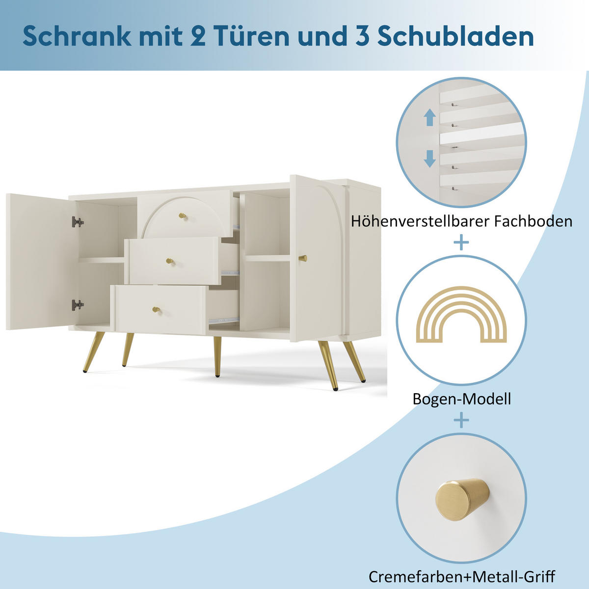 SIDEBOARD Cremeweiß 140/40/84 cm - Creme, Holzwerkstoff/Metall (40/84/140cm) - Urban Meuble