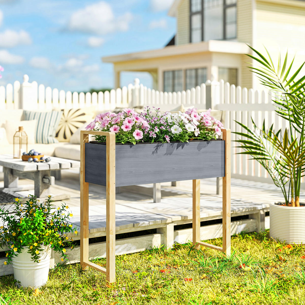 HOCHBEET DE-12316 mit Beinen, 98/37/90 cm, 4 Drainagelöcher Grau - Grau, Holz (98/90/37cm) - ComfortXL