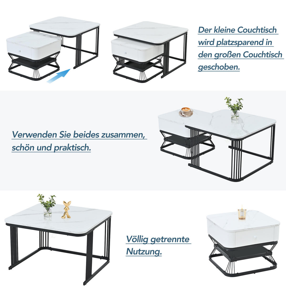 SET stolića za kavu 70/70/45 cm + 50/50/40 cm s visokim sjajem, ladicom i mramornim izgledom, Bijela i crna - bijela, drvni materijal (70/70/45cm) - Redom