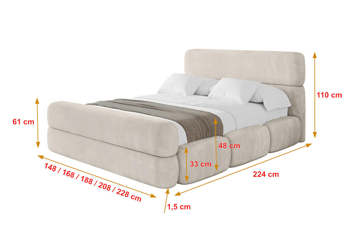 POLSTERBETT mit Bettkasten, Fußteil und Lattenrost, Bett mit Matratze H3/H4 - ELVA-Z 180x200 Beige - Beige, Holzwerkstoff/Textil (180/200cm) - ALTDECOR