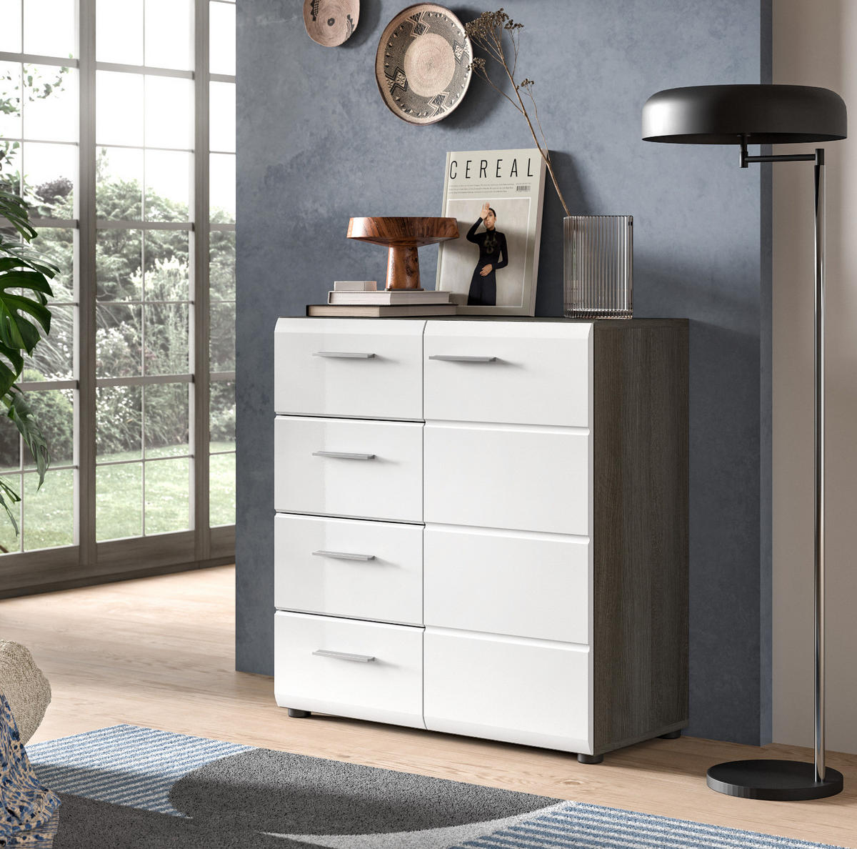 KOMMODE weiß Hochglanz, grau 80 cm, Sideboard mit Schubkästen - Weiß Hochglanz/Silberfarben, Holzwerkstoff/Kunststoff (75/85/37cm) - Inn.Furn