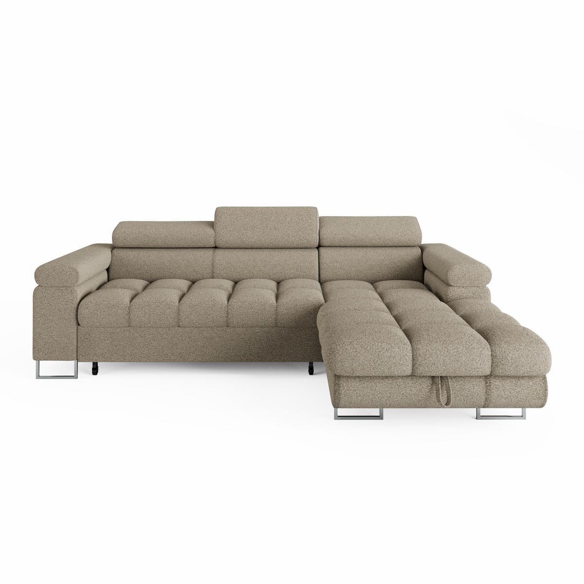 ECKSOFA CLOUD Rechts Dunkelbraun L-Form Bouclé-Stoff mit Schlaffunktion und Bettkasten - Chromfarben/Dunkelbraun, Holz/Metall (175/235cm) - Barchello