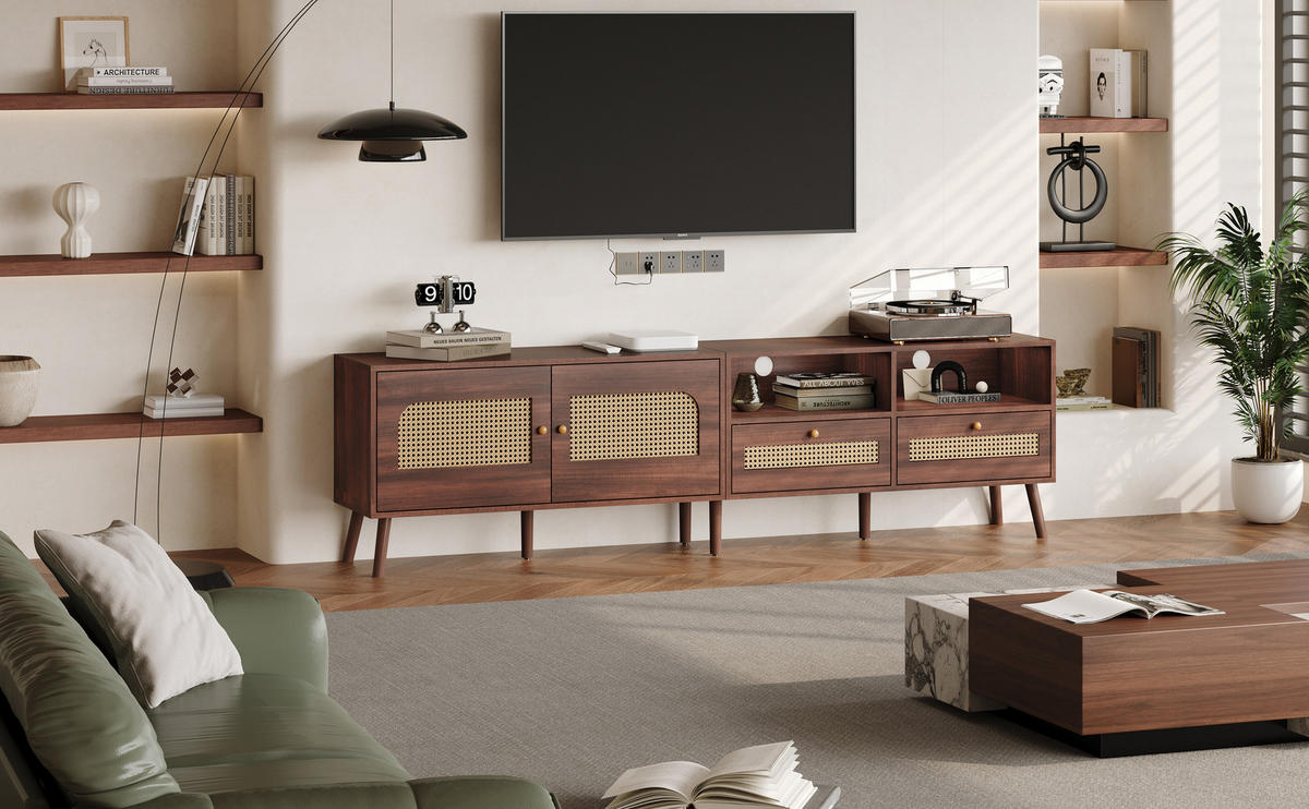 TV-LOWBOARD in Braun mit 2 Rattantüren und 2 Schubladen 200/37/49.5 cm - Braun, Holzwerkstoff (200/49.5/37cm) - Redom