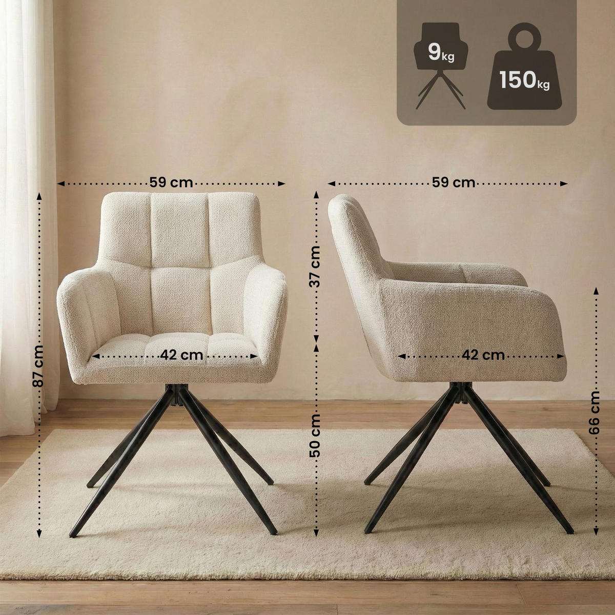 ARMLEHNENSTUHL 2er Set Stoff Creme - Creme/Schwarz, Textil/Metall (59/87/59cm) - CLP