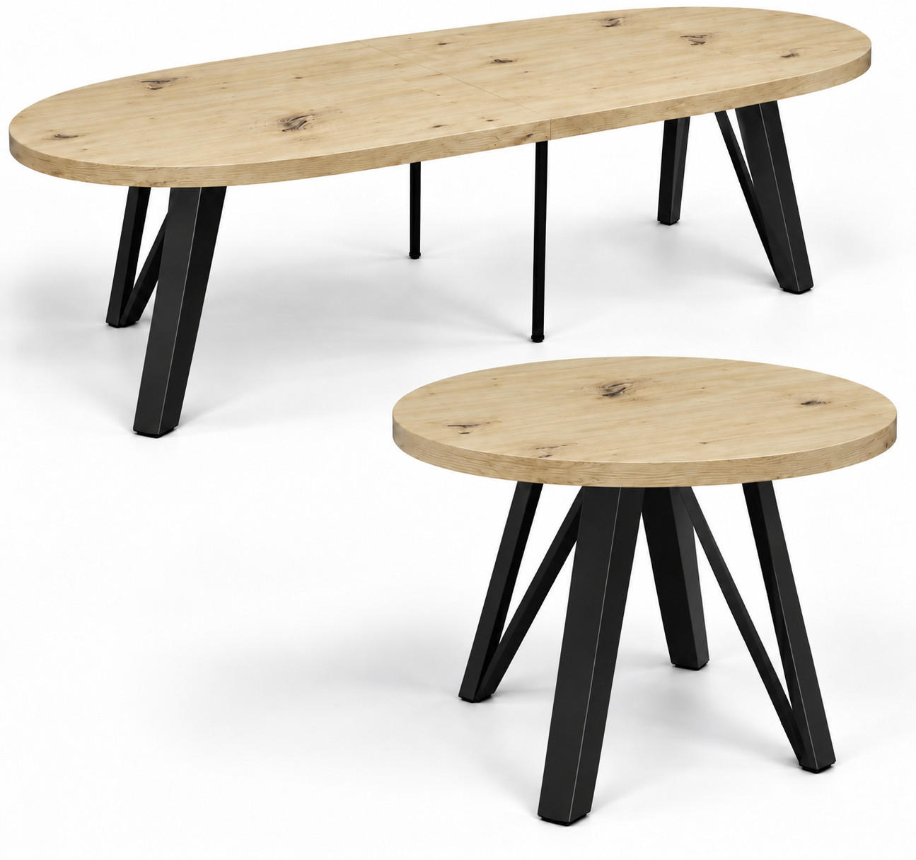 ESSTISCH rund ausziehbar 110/310/76 cm, Artisan Eiche, 54 cm Tischplatte + Industrial Metallgestell Schwarz - Schwarz/Eiche Artisan, Holzwerkstoff/Metall (110/310/76cm) - Damale Möbel