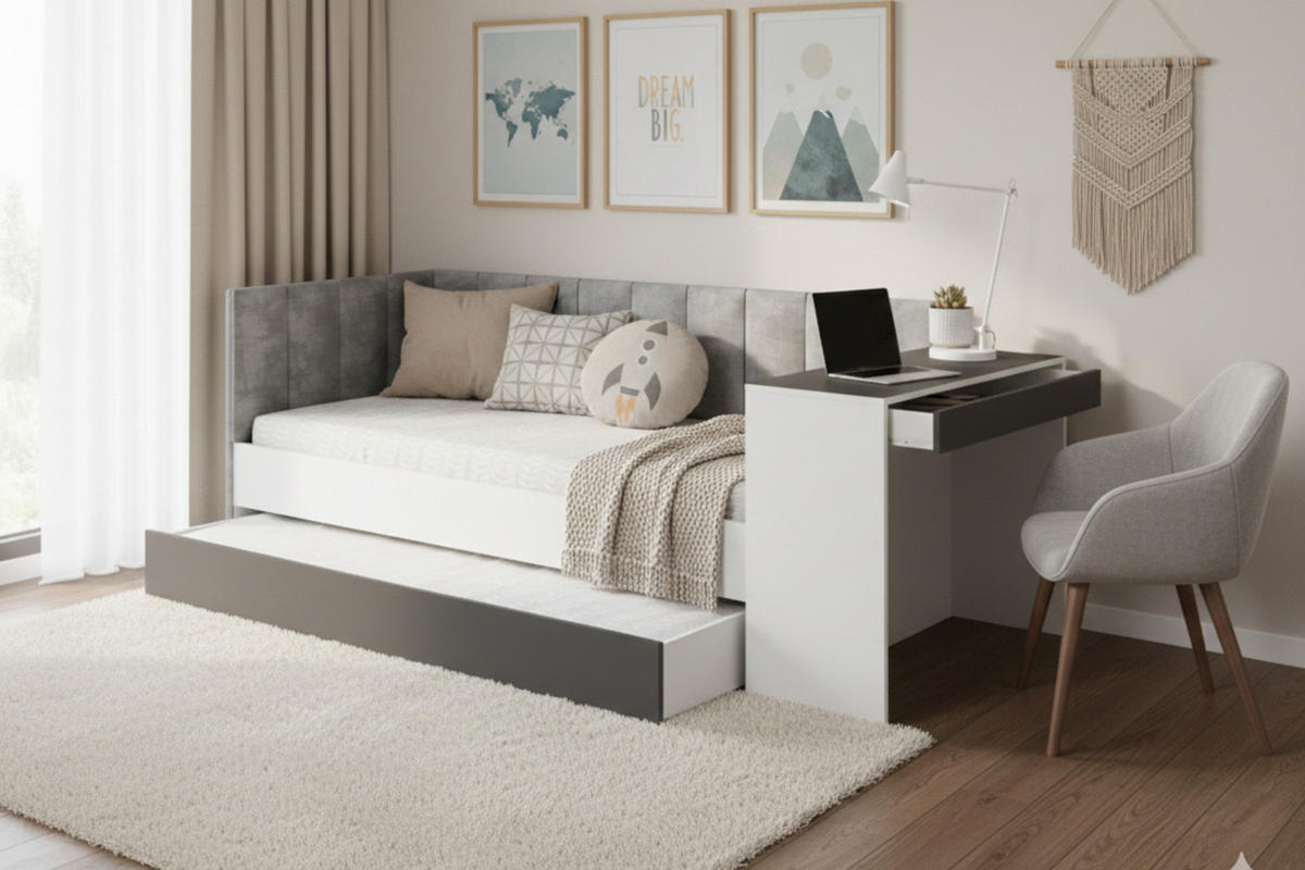 JUGENDBETT FABIAN 90/200 cm in Weiß/Graphit links - Graphitfarben/Weiß, Holzwerkstoff/Textil (90/200cm) - Deine Möbel 24