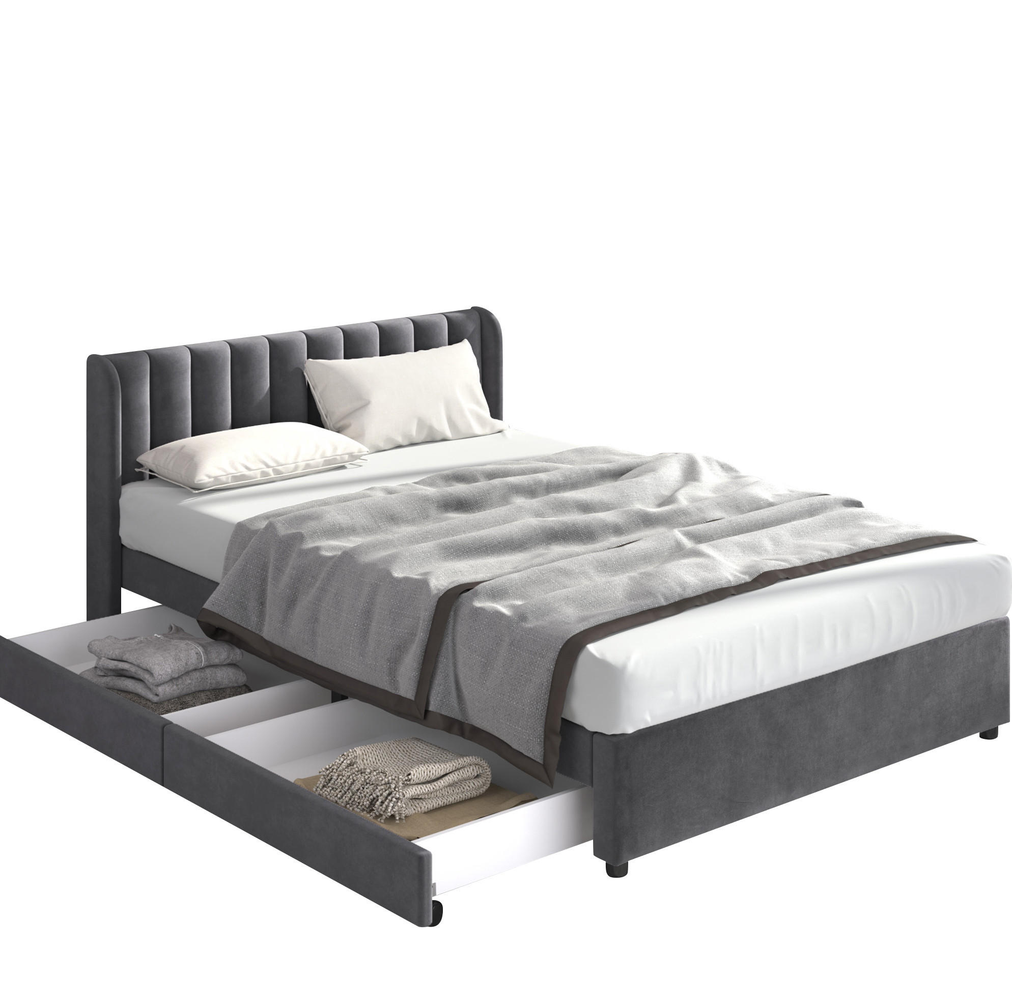 POLSTERBETT 140/200 cm Grau aus Samt mit 2 Schubladen - Grau, Textil (140/200cm) - OKMYHOME