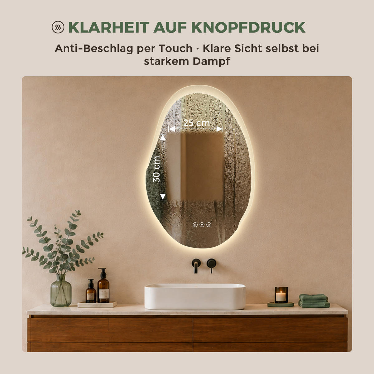BADSPIEGEL mit Beleuchtung 48/72 cm asymmetrisch rahmenlos LED dimmbar mit Antibeschlag - Transparent, Glas (72/48/2.5cm) - S'AFIELINA