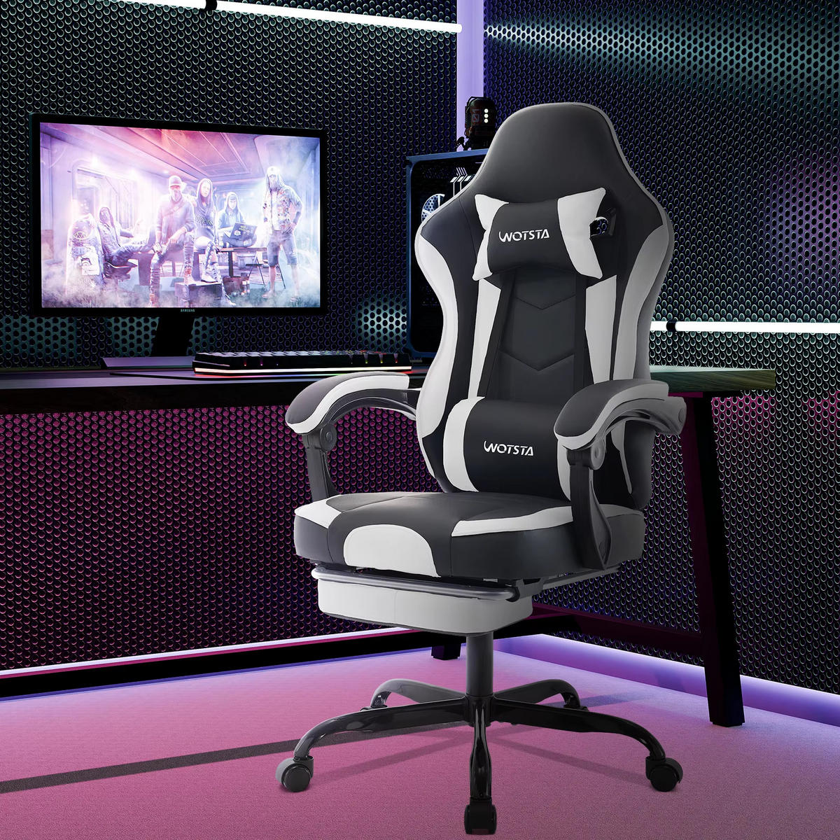 GAMINGSTUHL mit Fußablage Kopfstütze & Lendenkissen Hellblau - Hellblau, Metall (63/125/54cm) - Kaket