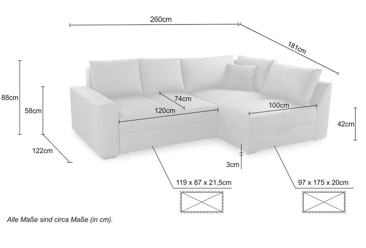 ECKSOFA-DAUERSCHLÄFER Boxspring Federkern Topper Bettkasten, seitenverkehrt montierbar B260/T181/H88 cm, Mikrofaser in Hellbraun / 15108 - Hellbraun/Chromfarben, Textil/Metall (260/181cm) - luma-home