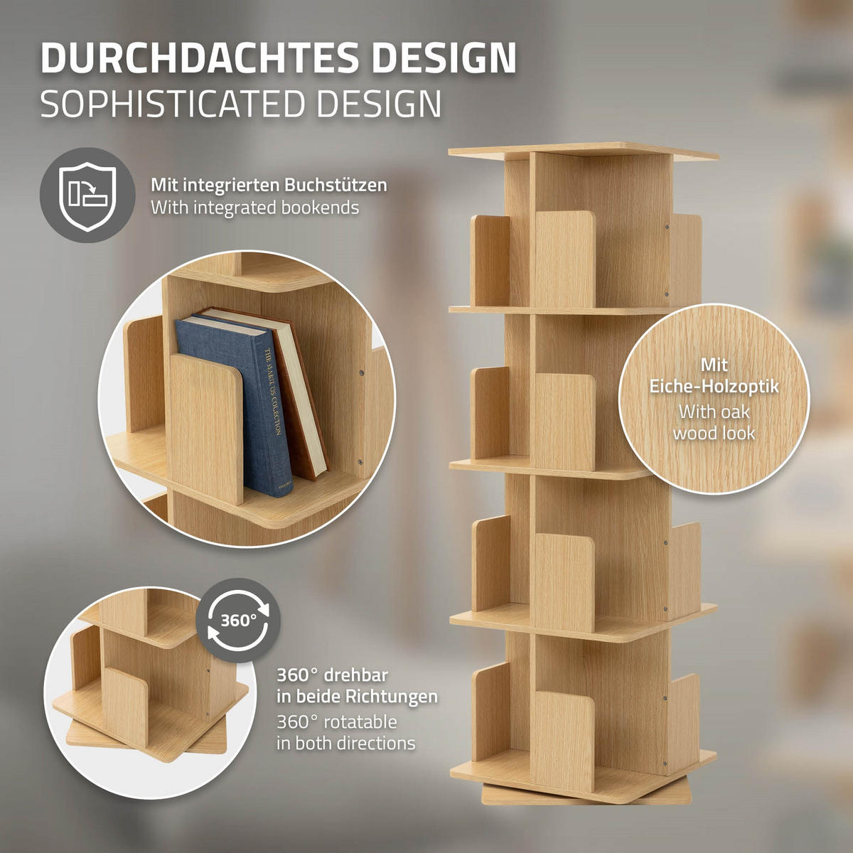 BÜCHERREGAL Kinder mit 4 Ebenen Eiche 40x124,5x40 cm Drehbar 360 Grad - Beige, Holzwerkstoff (40/124.5/40cm) - ML-DESIGN