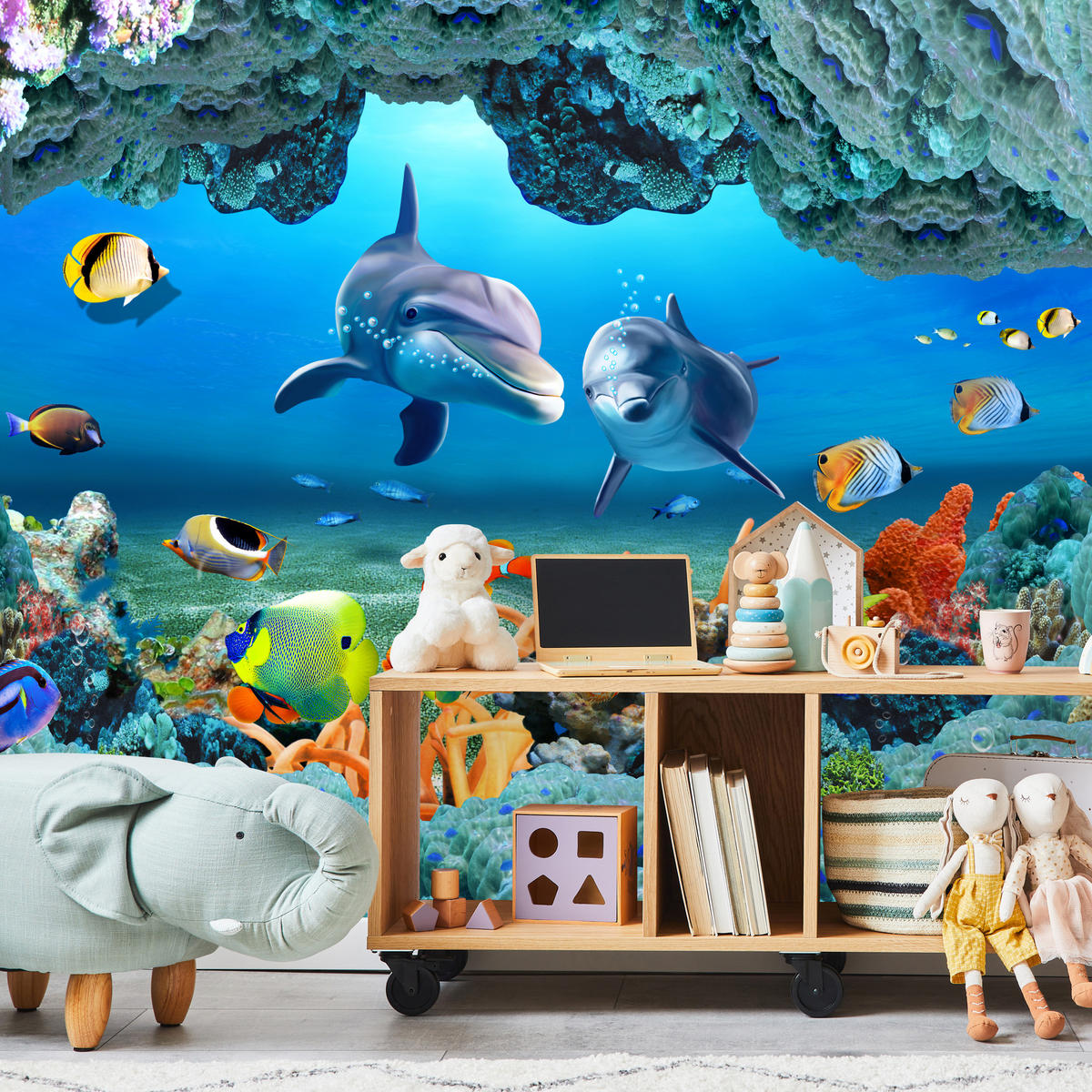 FOTOTAPETE für Badezimmer Unterwasser Korallenriff Delfin Fisch 350x256 - Türkis/Gelb, Papier (350/256cm) - Muralo