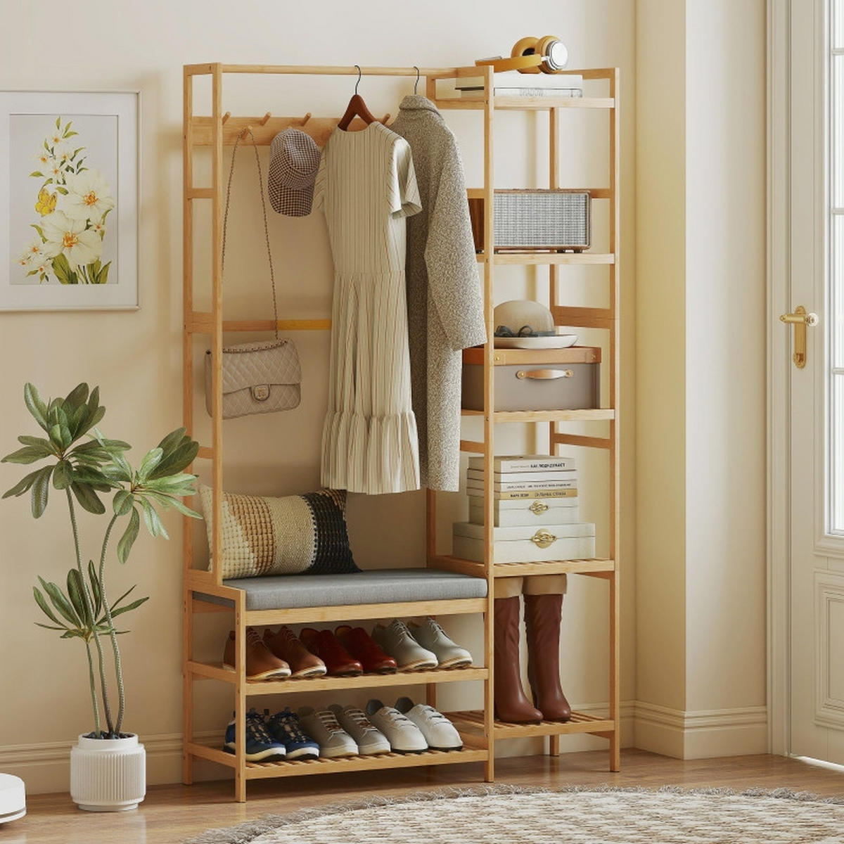STANDGARDEROBE 104/33/175 cm mit 10 Haken, Schuhablage, Sitzbank aus Bambus - Naturfarben, Naturmaterialien (104/175/33cm) - BEAOK