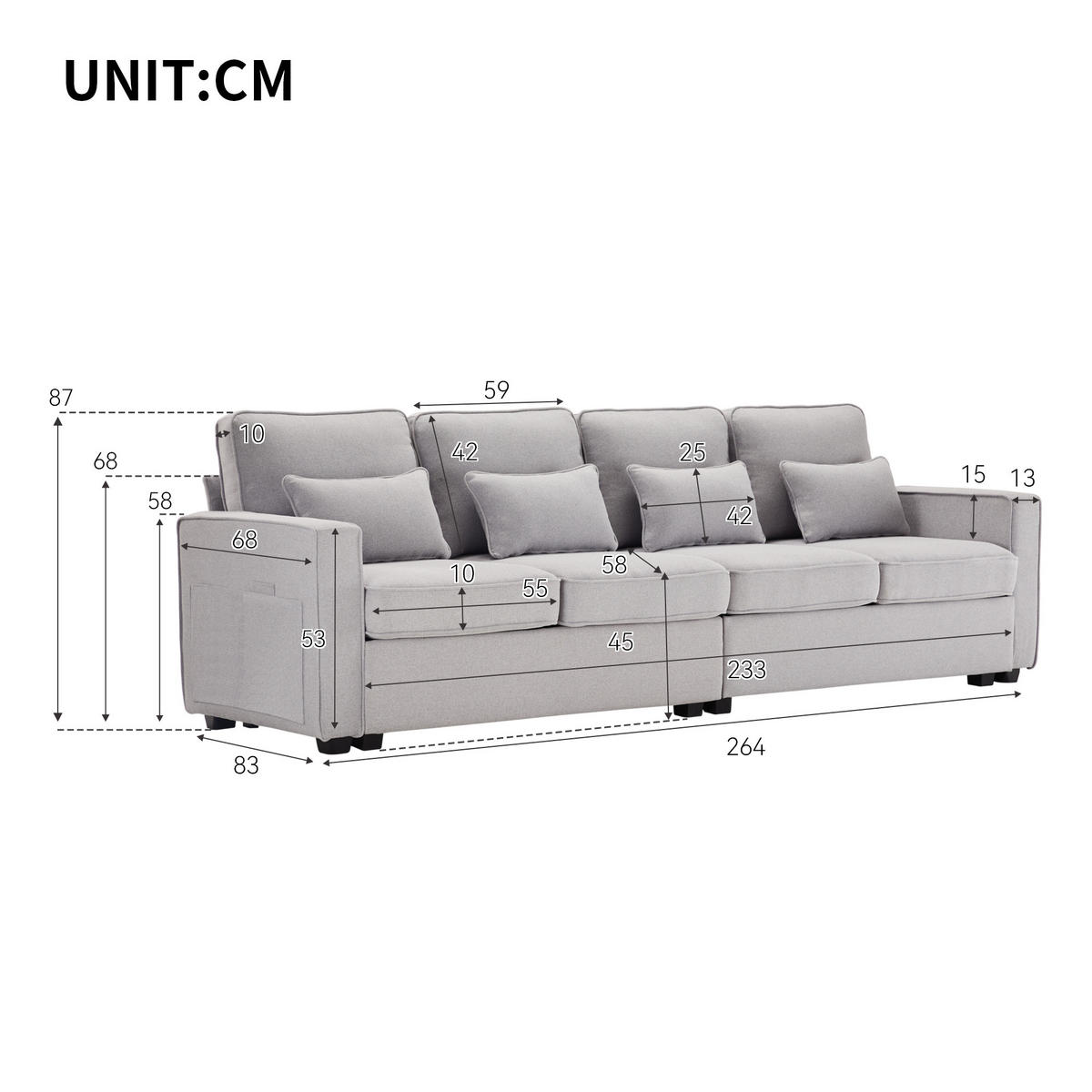 4-SITZER Sofa Leinenstoff mit Taschen an Armlehnen und 4 Kissen 264/83/87 cm Hellgrau - Hellgrau, Textil (87/264/83cm) - Redom