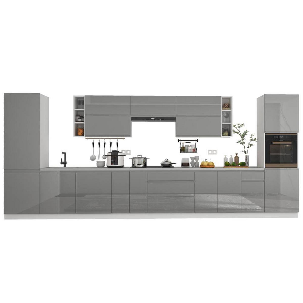 KÜCHENZEILE 500 cm – Aspen KA2-M500 - in Grau/Hochglanz - Grau, Holz (500/212/58cm)