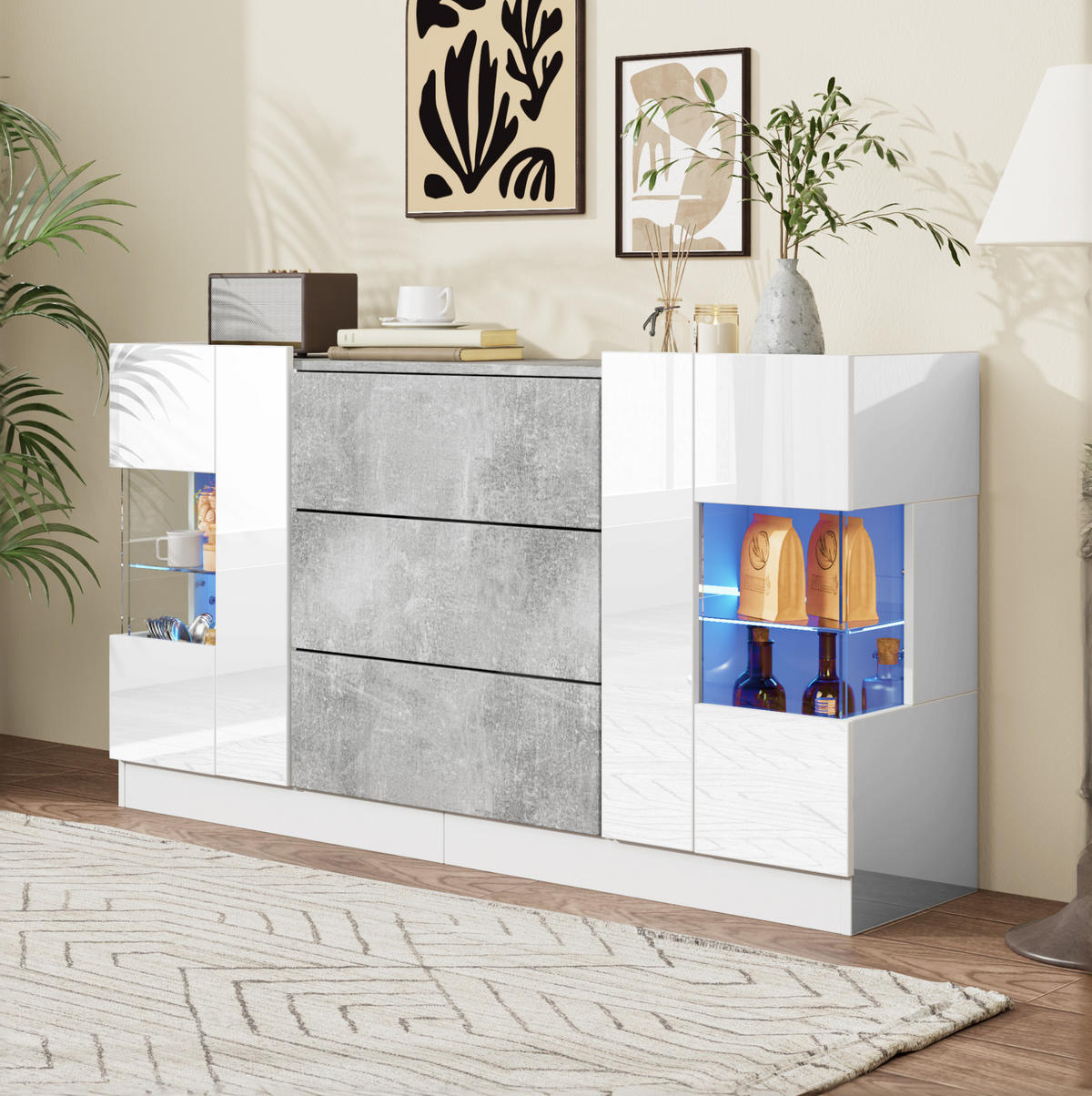 SIDEBOARD 140/35/75 cm z MDF, bílá a šedý mramorový dekor, LED osvětlení - bílá, kompozitní dřevo (140/75/35cm) - Modenvie