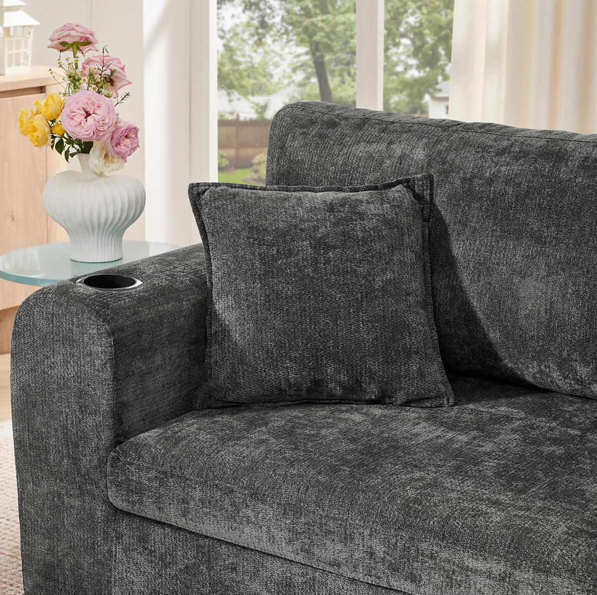 2-SITZER-RELAXSOFA mit Getränkehalter und Tasche, Chenille Schwarz - Schwarz, Kunststoff (220/89/100cm) - Meubliv