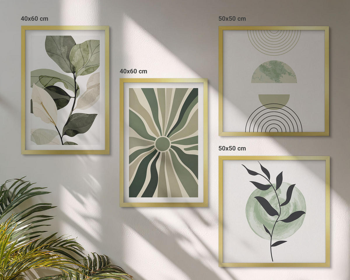 BILDER SET 4er Set - 50x50 cm & 40x60 cm Goldrahmen - Geometrische Pflanzenformen - Goldfarben, Kunststoff (50/50cm) - TULUP