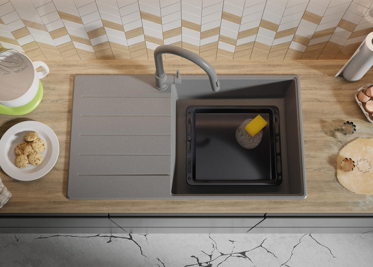 SPÜLBECKEN Kopenhagen, 2-er set Grau 90/50 cm 1 Becken + Ablauf-Set + Schneidebrett ab 60er Unterschrank - Beige/Grau, Kunststoff (90/20/50cm) - Primagran