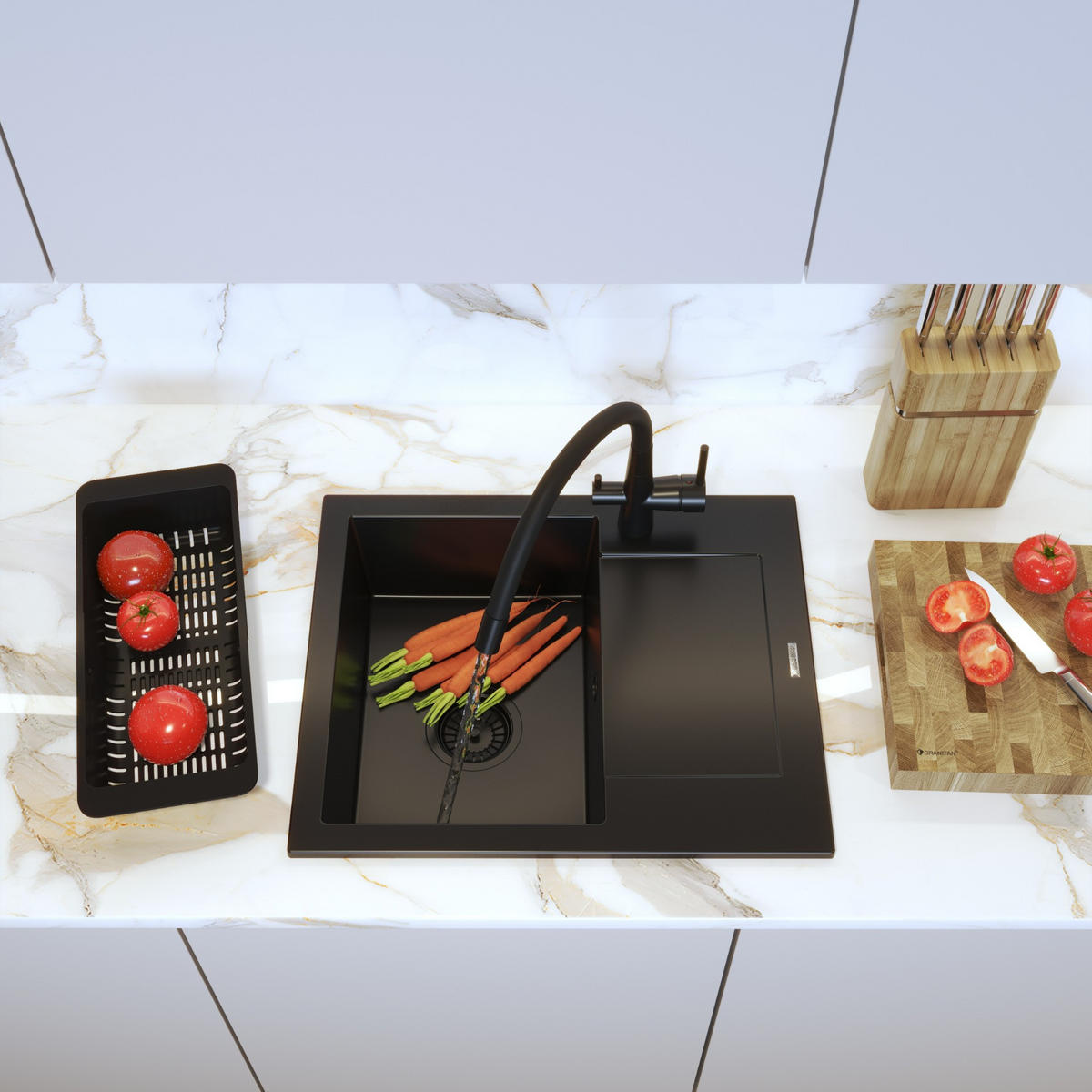 SPÜLBECKEN-SET Bello Schwarz 4-tlg. 570/470 mm Granit 1 Becken 3-Wege-Armatur Siphon - Schwarz, Stein (57/47/20cm) - Granitan