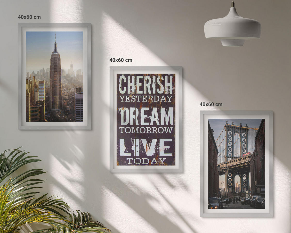 WANDBILDER 3er Set - 40x60 cm Silberner Rahmen - Zitat über New Yorker Landschaften - Silberfarben, Kunststoff (40/60cm) - ArtPrintCave