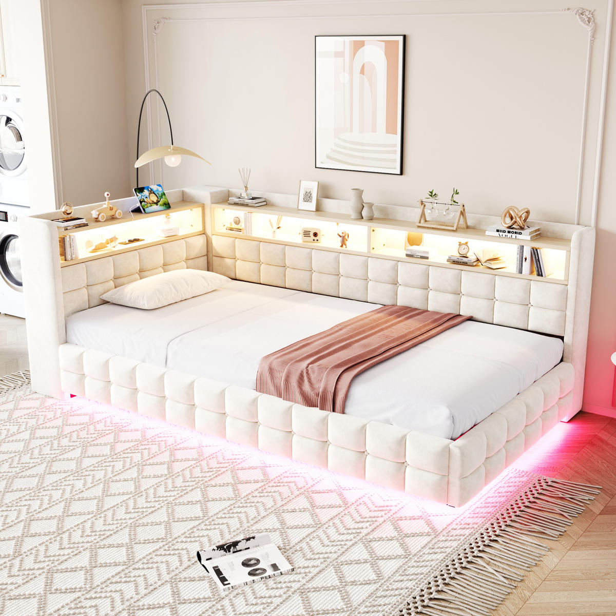 SCHLAFSOFA 90/200 cm in Beige Samt mit Bettkasten, Regal, LED und USB - Beige, Holzwerkstoff/Textil (90/200cm) - WISHDOR
