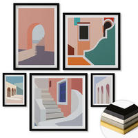 WANDBILDER 5er-Set - 50x50 cm & 20x30 cm & 40x60 cm Schwarzer Rahmen - Minimalistische Pastellgrafiken - Schwarz, Kunststoff (40/60cm) - ArtPrintCave
