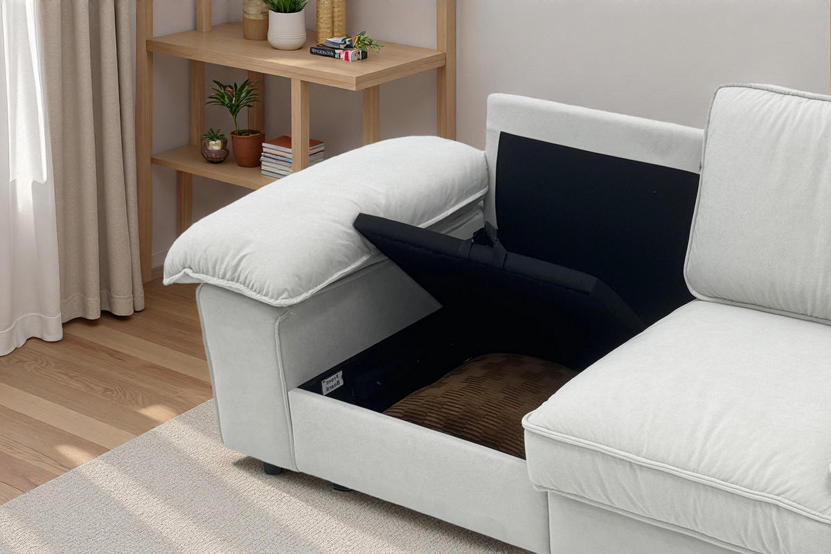 SOFA mit Stauraum Kurzplüsch-Polyester Bezug und Taschenfederkern 201/91/89 cm Creme - Creme, Textil (91/89/201cm) - Redom