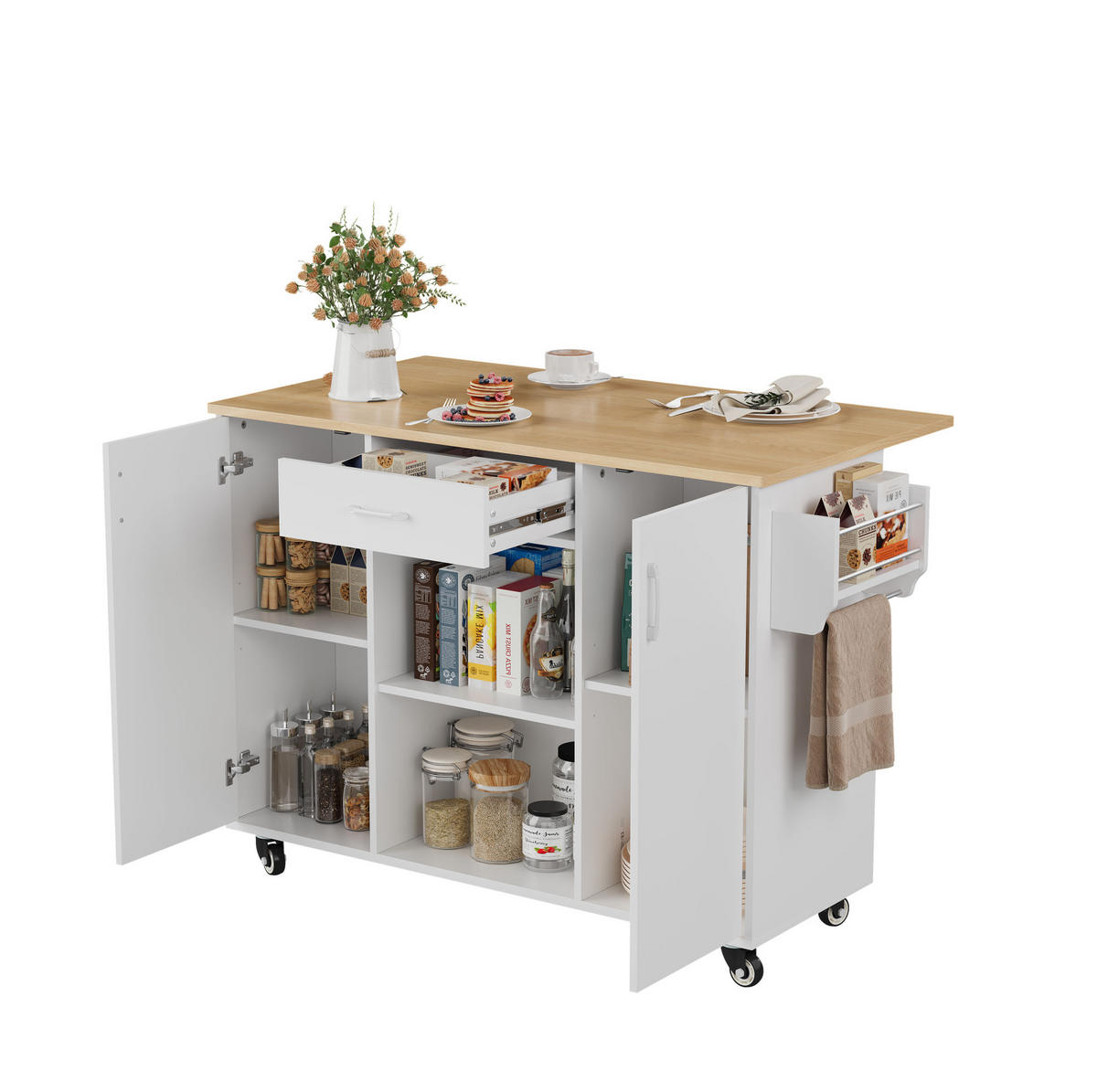 KÜCHENWAGEN mit klappbarer Arbeitsplatte, Schublade und Schränken, White+Natural - Weiß, Holz (67.5/92.8/136.5cm) - Beauniv