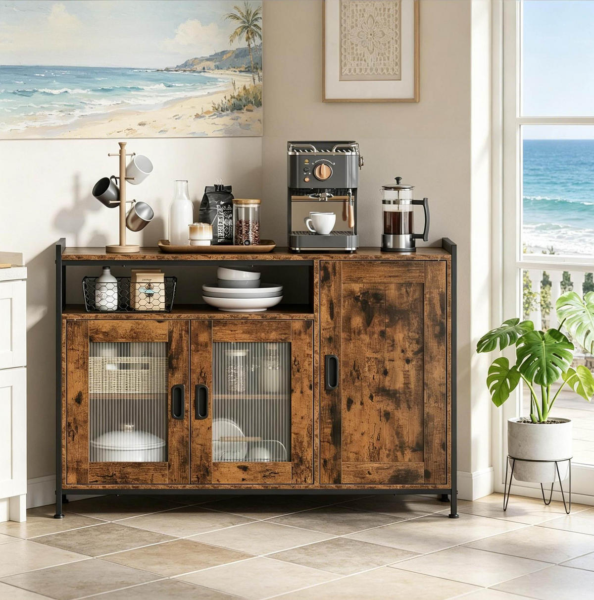 SIDEBOARD 110/33/75 cm in Rustikalbraun mit offenem Fach und verstellbaren Regalen - Dunkelbraun, Metall (110/75/33cm) - BEAOK