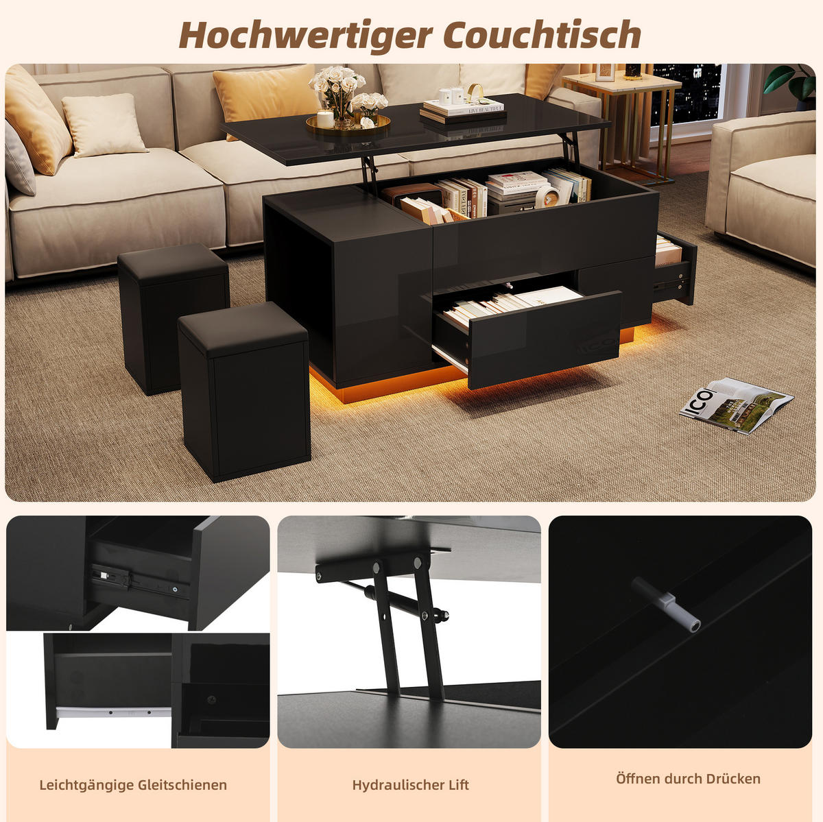 COUCHTISCH 100/50/45 cm höhenverstellbar mit LED, 2 Schubladen, 2 Hockern und Stauraum aus Spanplatte, Schwarz - Schwarz, Holzwerkstoff (100/50/45cm) - Redom