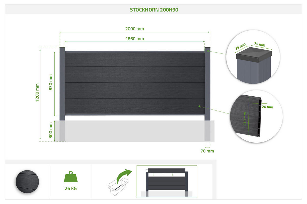 VERBUNDZAUN 10 m STOCKHORN H. 90 cm zum Einbetonieren, grau - Grau, Holzwerkstoff (200/90cm) - Casanoov