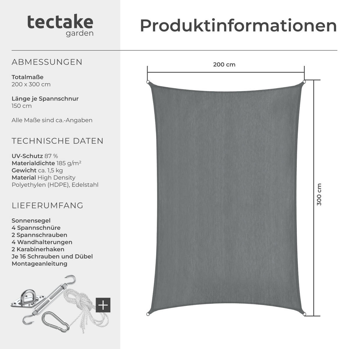 SONNENSEGEL Sunny,umfangreiches Montagematerial,grau - Grau, Kunststoff (300/200cm) - tectake
