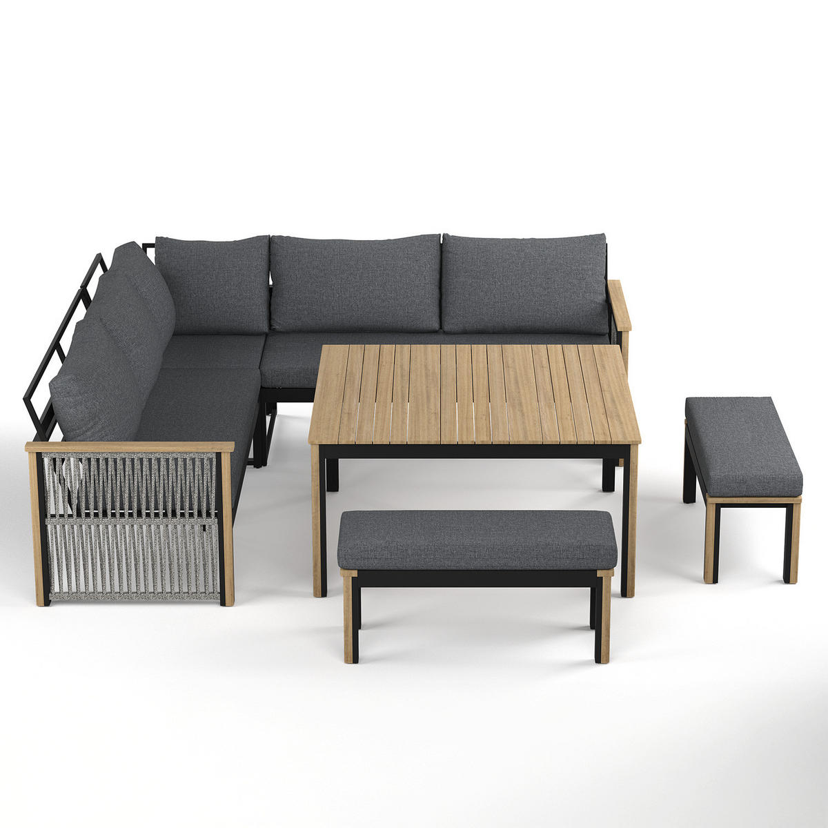 LOUNGEGRUPPE - Akazie massiv / Polyester - Braun / Anthrazit - Anthrazit, Holz/Textil - home24