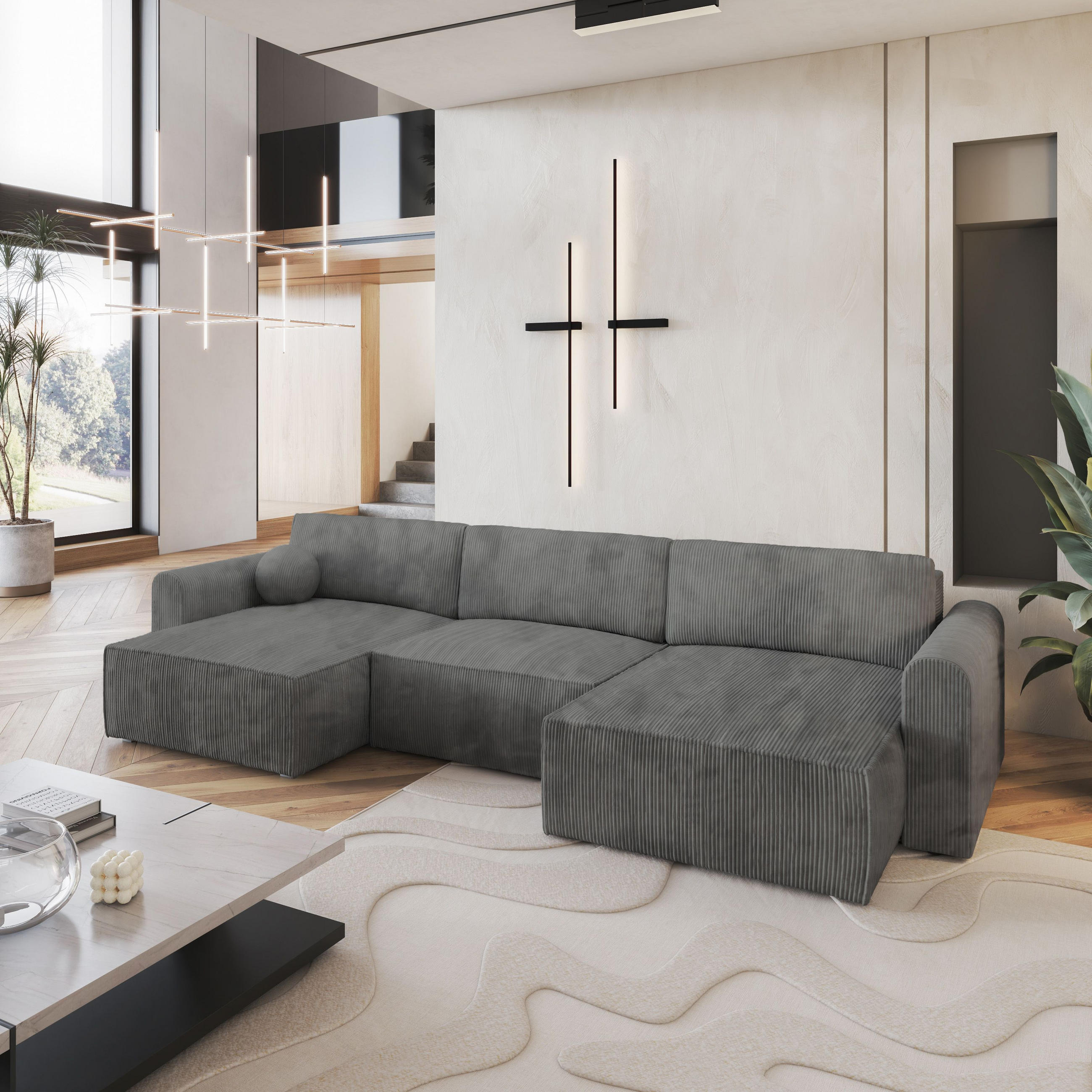 WOHNLANDSCHAFT FENTO P Grau Kordstoff mit Schlaffunktion - Grau, Holz (347/90/148cm) - MASSENO