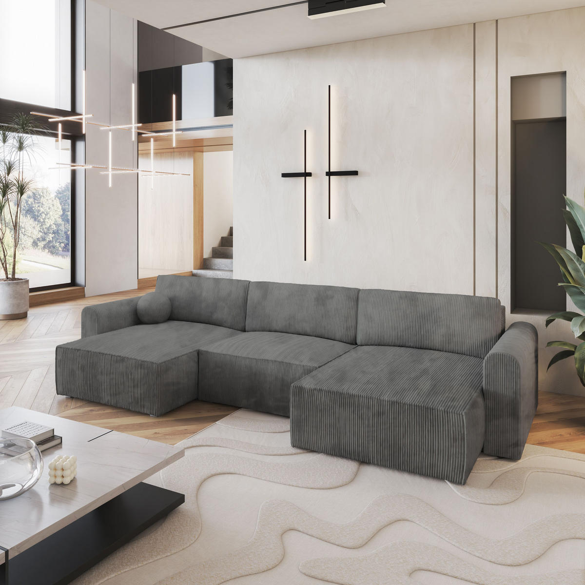 WOHNLANDSCHAFT FENTO P Grau Kordstoff mit Schlaffunktion - Grau, Holz (347/90/148cm) - MASSENO