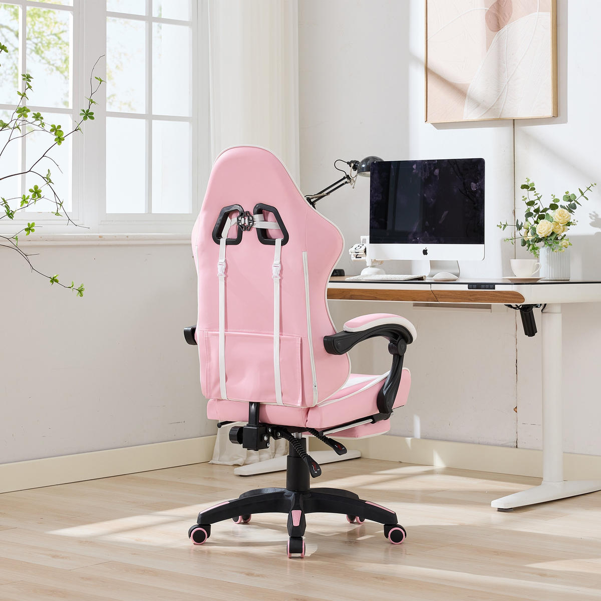 DREHSTUHL B64 / T58 / H116.5-126 cm,, ergonomisch gepolstert, drehbar mit Fußstütze, Weiß und Rosa - Pink, Kunststoff (58/116.5/64.5cm) - Redom