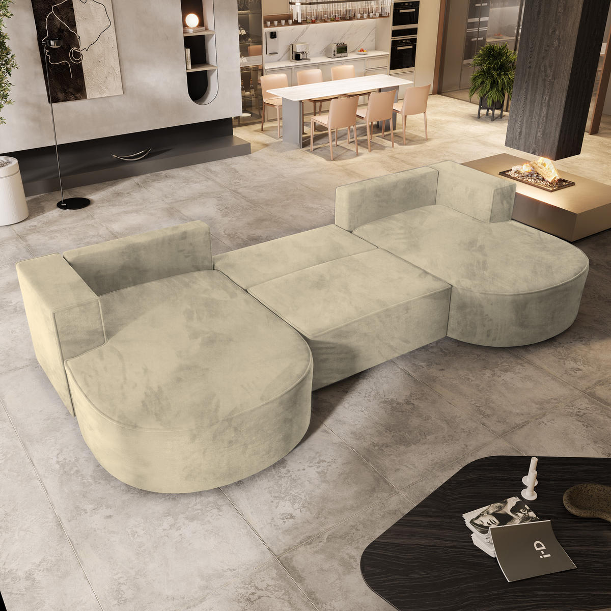 WOHNLANDSCHAFT VEZZO M Creme Velours-Stoff mit Schlaffunktion - Creme, Holz (347/85/174cm) - MASSENO