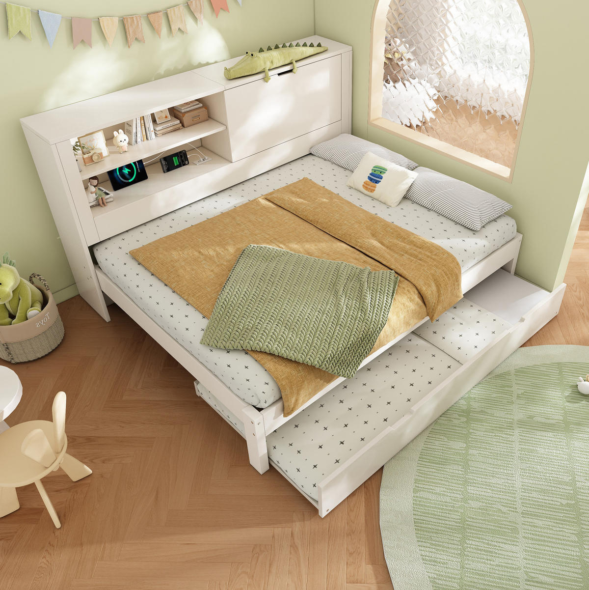 POLSTERBETT 140/190 cm Weiß aus Holz mit Ausziehbett - Weiß, Textil (140/190cm) - OKMYHOME