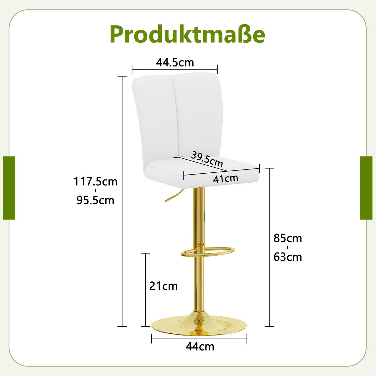 BARHOCKER 2er-Set Weiß-Gold Höhenverstellbar Drehbar 360° mit Rückenlehne und PU-Leder - Weiß, Metall (44.5/95.5/44cm) - PANGIVO