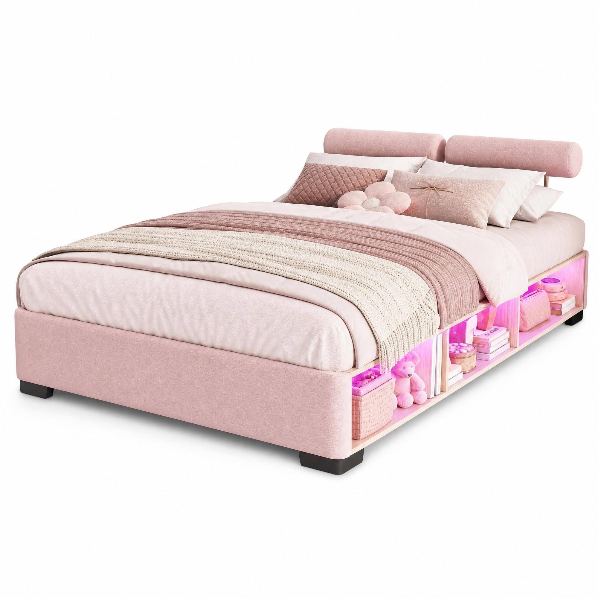 KINDER-POLSTERBETT 140x200 cm in Rosa mit LED-Seitenregal und offenem Stauraum - Pink, Textil (140/200cm) - IVMEU