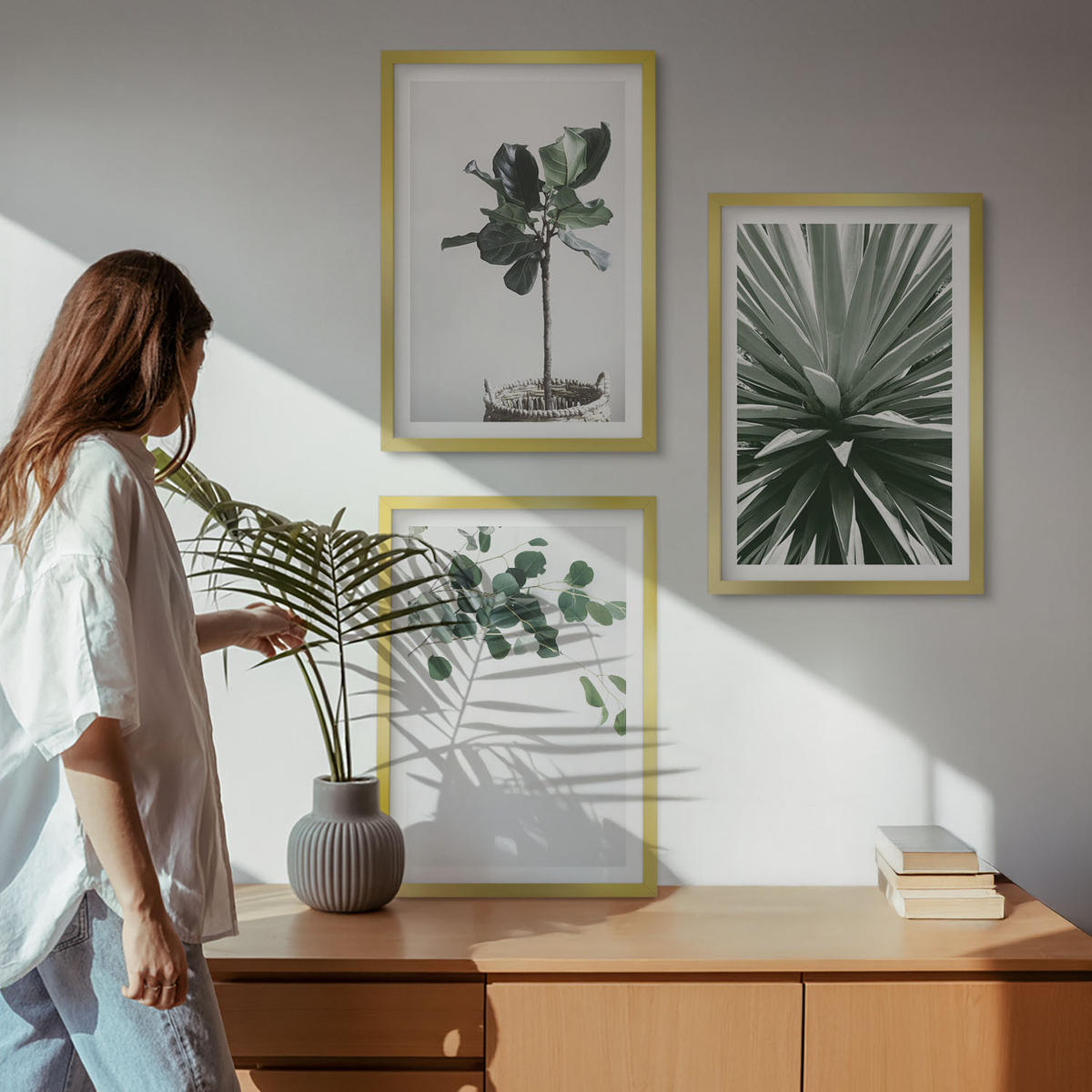 BILDER SET 3er Set - 40x60 cm Goldrahmen - Minimalismus mit grünen Pflanzen - Goldfarben, Kunststoff (40/60cm) - TULUP