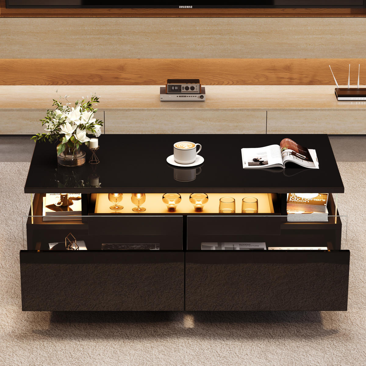 COUCHTISCH aus Holzwerkstoff und Glas 90x45x35,5 cm in Schwarz mit LED - Schwarz, Holzwerkstoff (90/45/35.5cm) - Modfu